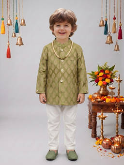 ETHNIKS NEURON - Satin Self Design Ethnic Kurta With Trousers & Mala