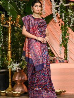 Beatitude - Blue Soft Modal Silk Saree with Kashmiri Weaving and Unstitched Blouse