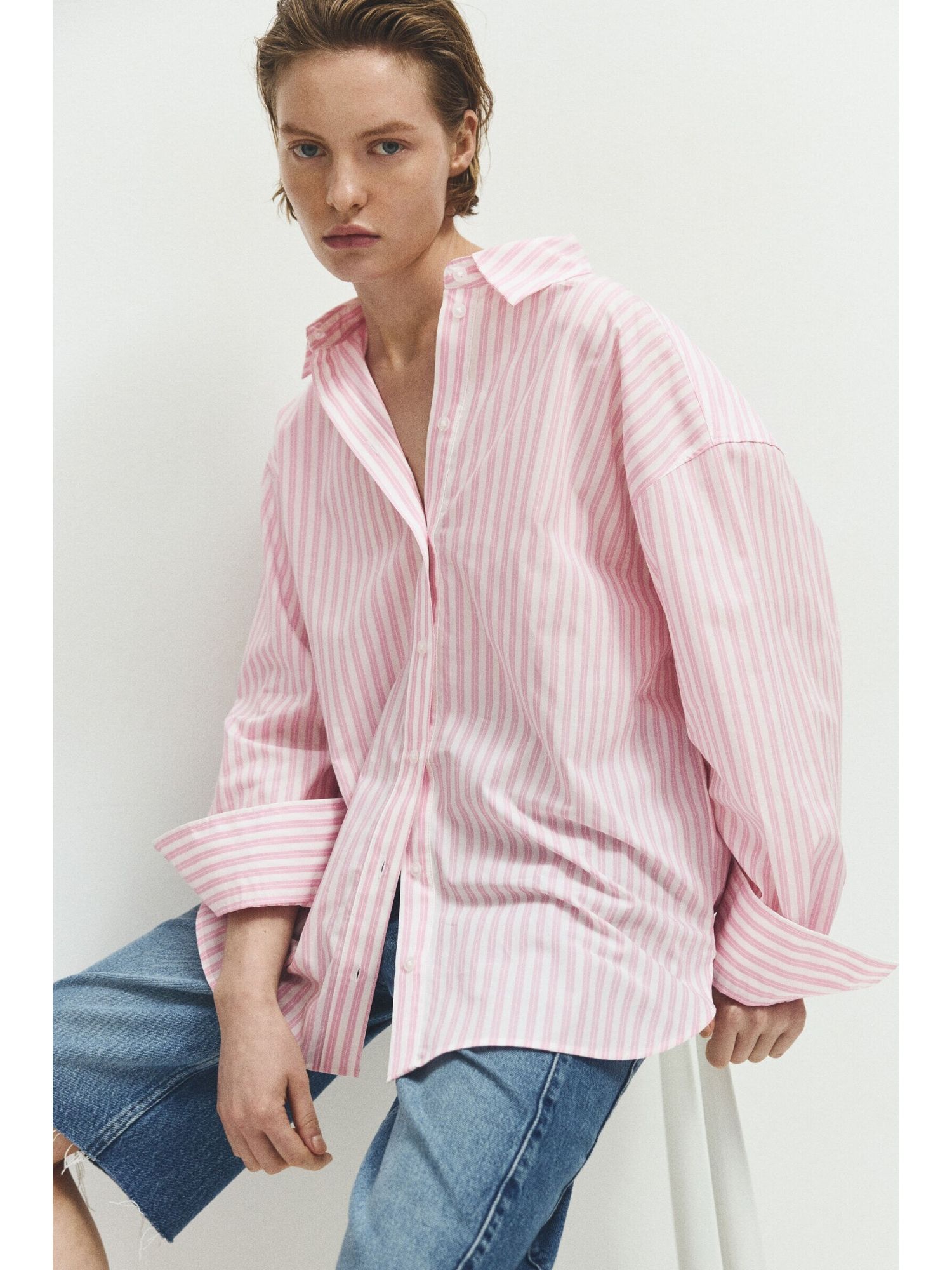 h&m Women Pink Oversized Poplin Shirt-picture-28