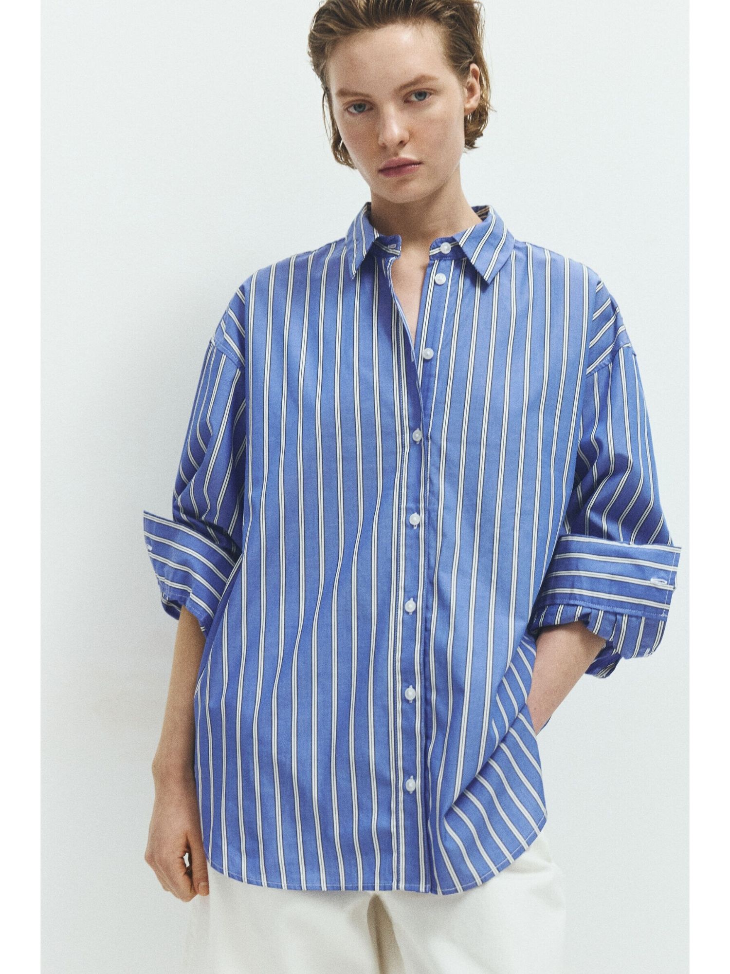 h&m Women Blue Oversized Poplin Shirt-picture-16