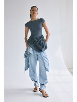 H&M - Women Grey Dual-Fabric Draped-Panel Dress