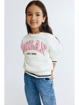 H&M - Girls White Motif-Detail Brushed-Inside Sweatshirt