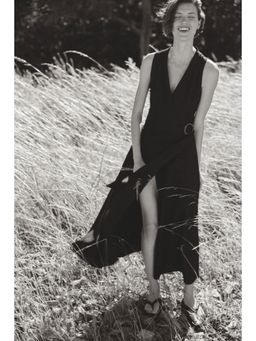 H&M - Women Black Linen-Blend Wrap Dress