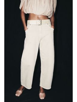 H&M - Women Beige Barrel High Waist Ankle Jeans