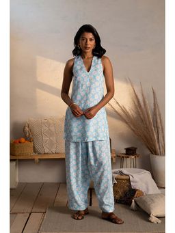 CANOOPI - Women Blue Freesia White Kurti Set