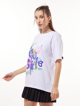 Bewakoof - Women's White Butterflies Colorful Graphic Printed Oversized T-shirt