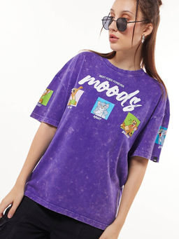 Bewakoof - Women's Blue Tom & Jerry Moods Graphic Printed Oversized Acid Wash T-shirt