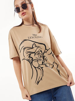 Bewakoof - Heavy Duty 1.0 Disney Women's Brown Simba Legacy Graphic Printed Oversized T-shirt