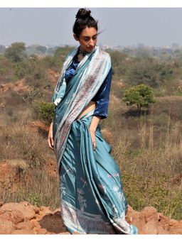 Chidiyaa - Flow Sea Blue Blockprinted Modal Silk Saree Dragonfly