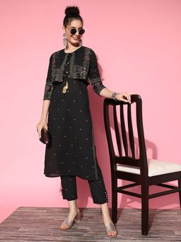 ISHIN - Womens Cotton Black Embellished A-Line Kurta Trouser with Jacket (Set of 3)