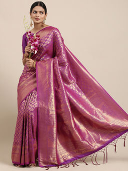 Akhilam - Wine Festive Silk Blend Woven Design Saree With Unstitched Blouse
