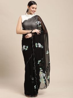 Vastranand - Black Hand Printed Floral Party Wear Saree with Unstitched Blouse