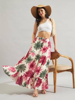 Twenty Dresses by Nykaa Fashion - Womens Pink Floral Printed Tiered Maxi Skirt
