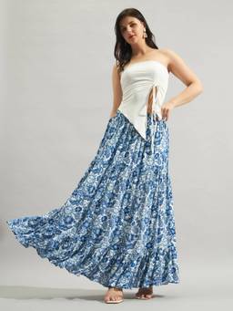 Twenty Dresses by Nykaa Fashion - Womens Blue Printed Tiered Maxi Skirt
