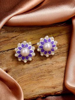 Estele - Rhodium Plated Charming Pearl Stud Earrings with Violet Enamel for Women