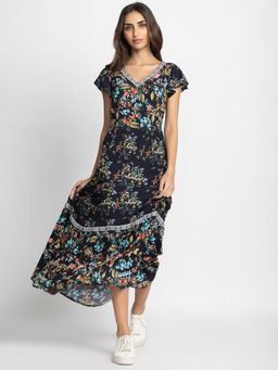SHAYE - Multi-Color Floral Printed Short Sleeves Smart Casual Dress for Women (XS)