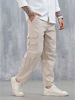 WROGN - Men Cream Causal Relaxed Fit Utility Pockets Trouser