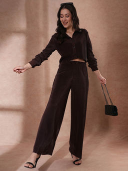 Globus - Brown Self Design Crop Shirt with Pant Party Wear Co-Ord (Set of 2)
