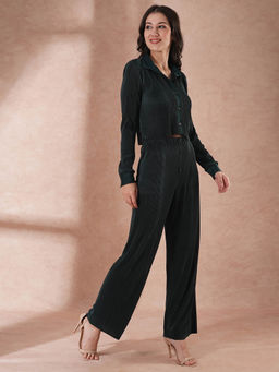 Globus - Green Self Design Crop Shirt with Pant Party Wear Co-Ord (Set of 2)