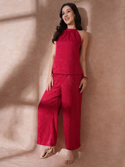 Globus - Red Self Design Paisley Print Top with Pant Party Co-Ord (Set of 2)
