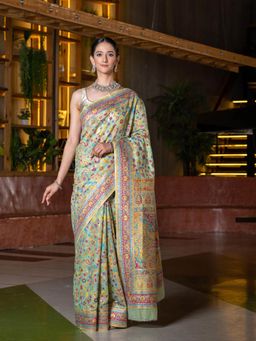 Beatitude - Green Blue Floral Silk Blend Saree with Unstitched Blouse