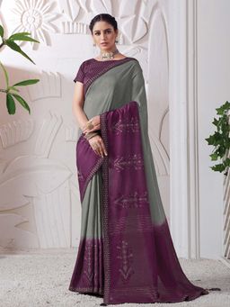 Odette - Purple & Grey Viscose Silk Saree with Unstitched Blouse