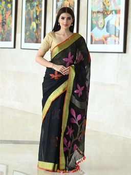 Beatitude - Black Linen Jamdani Handwoven Saree without Blouse