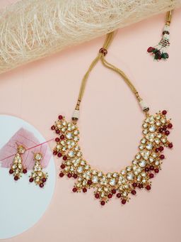 Designbox - Gold Tone Kunda Necklace with Maroon Beads