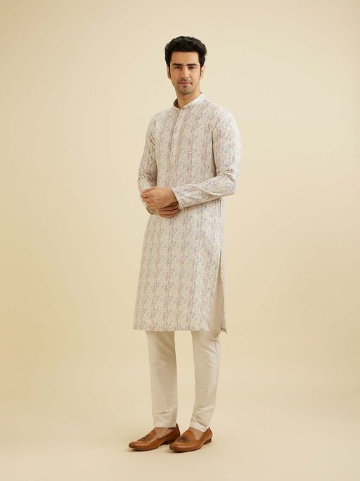 Manyavar Cream Viscose Blend Embroidered Kurta with Pyjama (Set of 2)