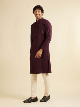 Manyavar - Wine Art Silk Embroidered Kurta with Pyjama (Set of 2)