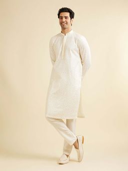 Manyavar - White Art Silk Embroidered Kurta with Pyjama (Set of 2)