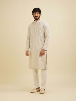 Manyavar - Beige Art Silk Embroidered Kurta with Pyjama (Set of 2)