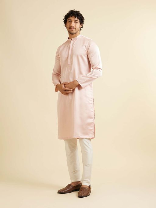 Manyavar Pink Satin Embroidered Kurta with Pyjama (Set of 2)