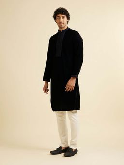 Manyavar - Blue Velvet Embroidered Kurta with Pyjama (Set of 2)
