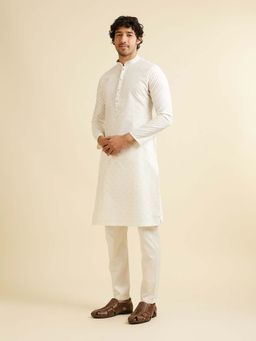 Manyavar - White Viscose Blend Embroidered Kurta with Pyjama (Set of 2)