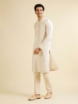 Manyavar - Cream Art Silk Embroidered Kurta with Pyjama (Set of 2)