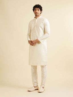 Manyavar - Cream Art Silk Embroidered Kurta with Pyjama (Set of 2)