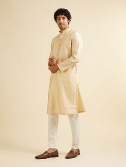 Manyavar - Beige Art Silk Embroidered Kurta with Pyjama (Set of 2)