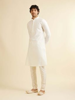 Manyavar - White Viscose Blend Embroidered Kurta with Pyjama (Set of 2)