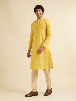 Manyavar - Mustard Cotton Embroidered Kurta with Pyjama (Set of 2)