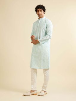 Manyavar - Aqua Cotton Embroidered Kurta with Pyjama (Set of 2)