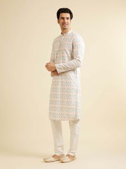 Manyavar - White Cotton Blend Embroidered Kurta with Pyjama (Set of 2)