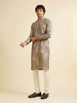 Manyavar - Beige Art Silk Floral Kurta with Pyjama (Set of 2)