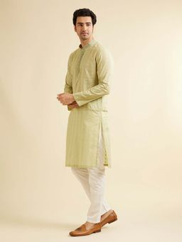 Manyavar - Green Cotton Embroidered Kurta with Pyjama (Set of 2)