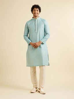 Manyavar - Aqua Art Silk Self Design Kurta with Pyjama (Set of 2)