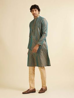 Manyavar - Teal Art Silk Self Design Kurta with Pyjama (Set of 2)