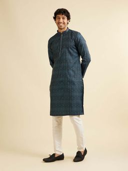 Manyavar - Blue Cotton Blend Printed Kurta with Pyjama (Set of 2)