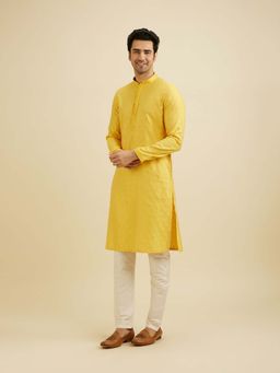 Manyavar - Yellow Viscose Blend Self Design Kurta with Pyjama (Set of 2)