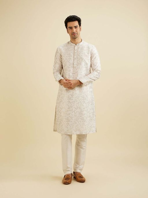 Manyavar White Art Silk Printed Kurta with Pyjama (Set of 2)