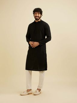 Manyavar - Black Cotton Blend Embroidered Kurta with Pyjama (Set of 2)